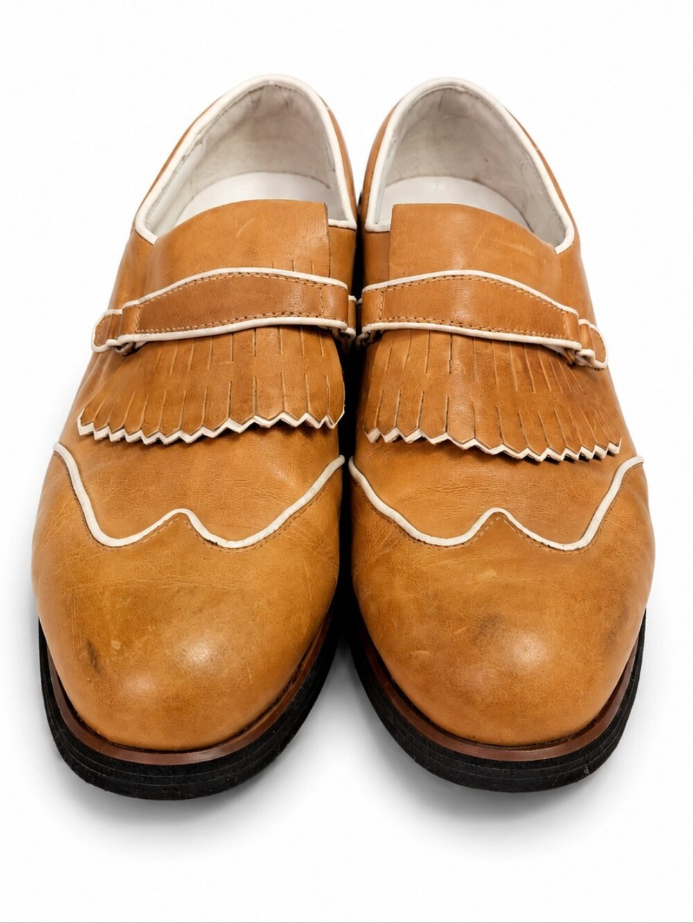 Golfstream Kiltie Leather Golf Shoes Women’s 8.5M Camel Cream Retro Loafers
